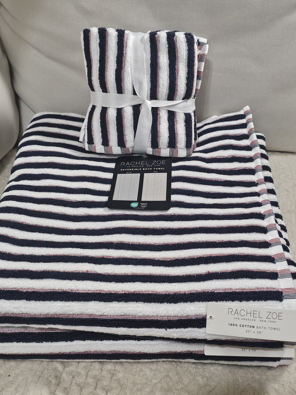 Rachel Zoe Bath 2 Towels Reversible Navy, White Red Striped Cotton & 4 wash clot